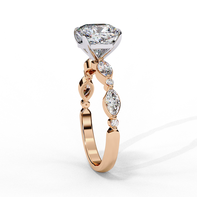 14K Lab Grown Diamond Cushion Marquise Side Stone Engagement Ring, E-F Color, VVS-VS Clarity