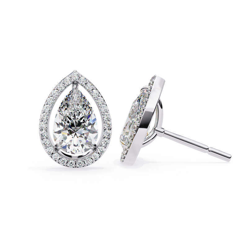14K White Gold IGI Certified Pear Shape Diamond Halo Earrings, D-E Color, VVS/VS Clarity