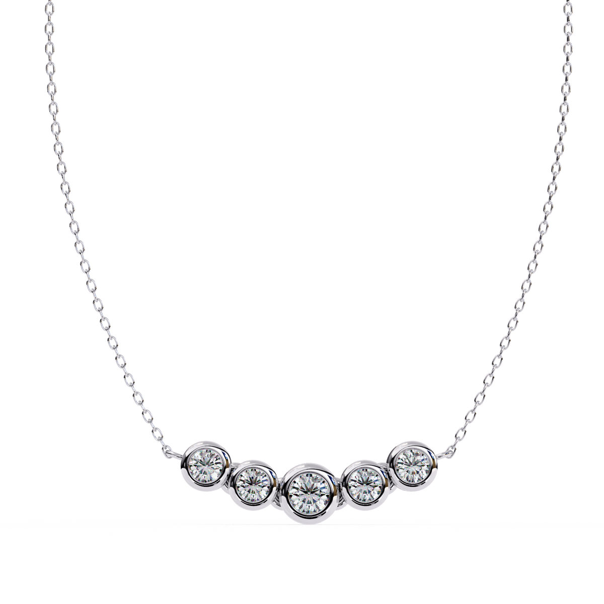 Elegant 14K white gold pendant featuring five round diamonds, IGI certified with D–E color and VVS–VS clarity, finished with a stylish rabbit ear bail.