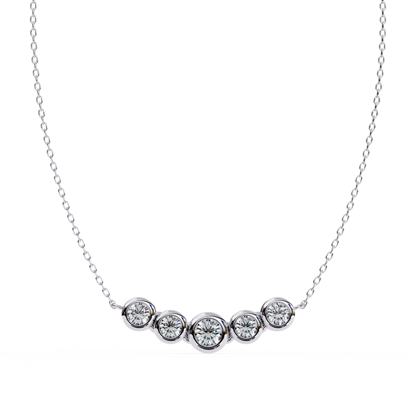 Elegant 14K white gold pendant featuring five round diamonds, IGI certified with D–E color and VVS–VS clarity, finished with a stylish rabbit ear bail.