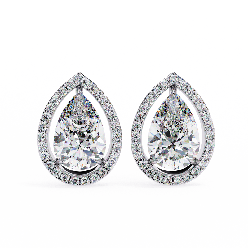 14K White Gold IGI Certified Pear Shape Diamond Halo Earrings, D-E Color, VVS/VS Clarity