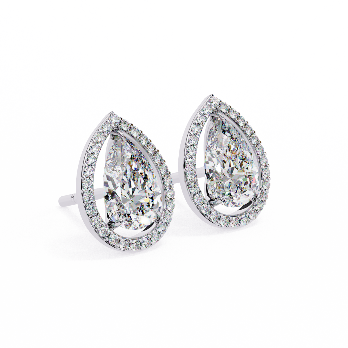 14K White Gold IGI Certified Pear Shape Diamond Halo Earrings, D-E Color, VVS/VS Clarity