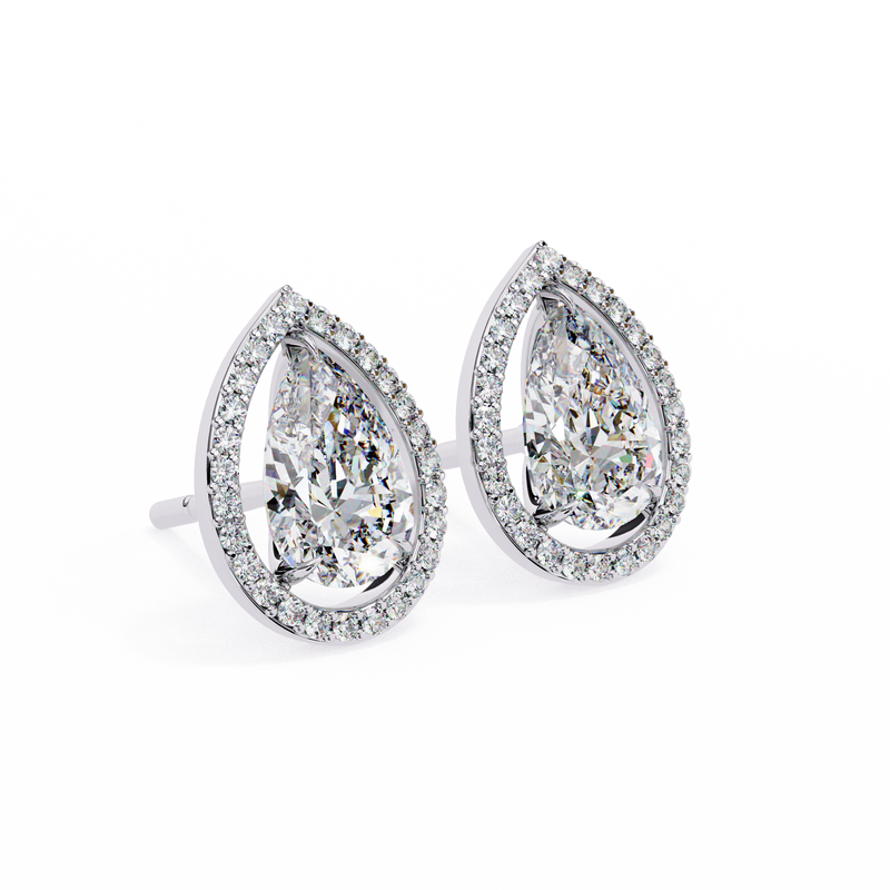 14K White Gold IGI Certified Pear Shape Diamond Halo Earrings, D-E Color, VVS/VS Clarity