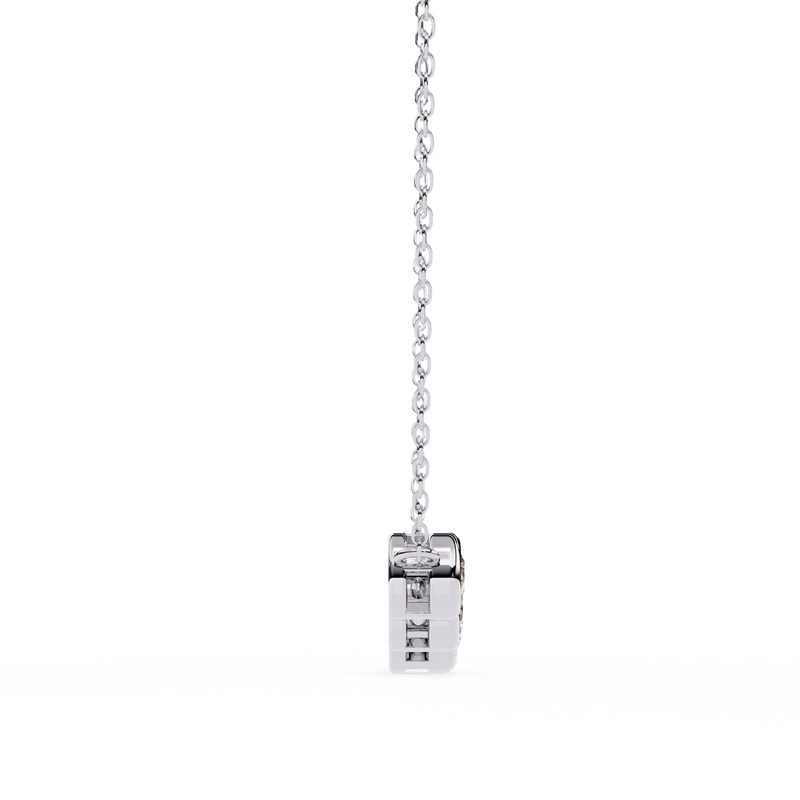 Elegant 14K white gold pendant featuring five round diamonds, IGI certified with D–E color and VVS–VS clarity, finished with a stylish rabbit ear bail.