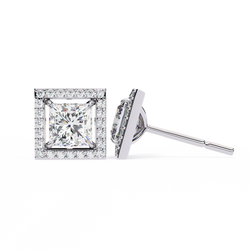 14K White Gold IGI Certified Princess Diamond Halo Earrings, D-E Color, VVS/VS Clarity