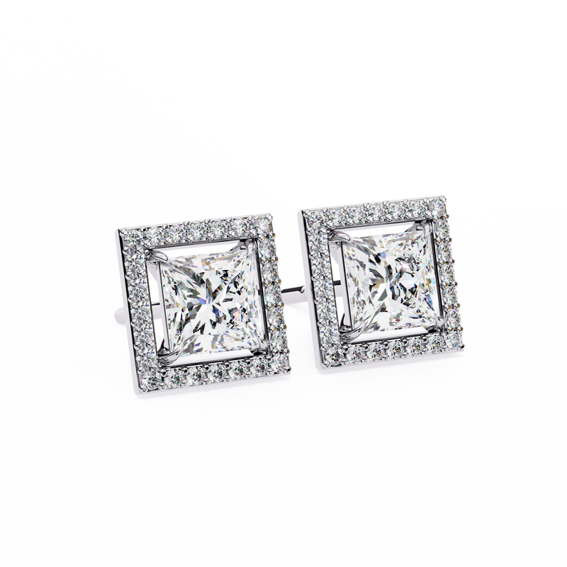 14K White Gold IGI Certified Princess Diamond Halo Earrings, D-E Color, VVS/VS Clarity