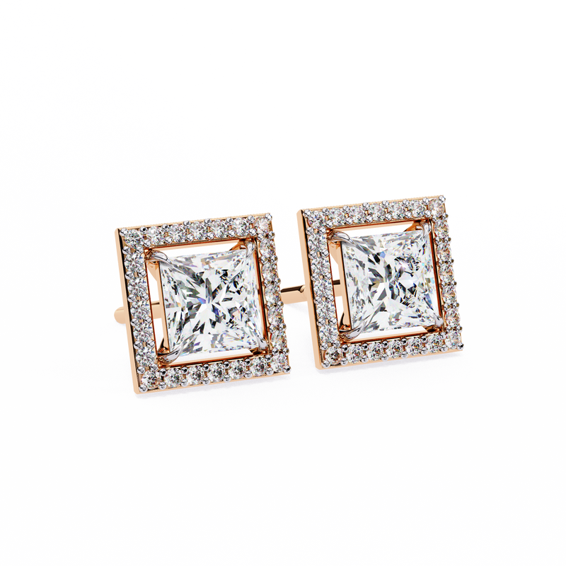 14K White Gold IGI Certified Princess Diamond Halo Earrings, D-E Color, VVS/VS Clarity