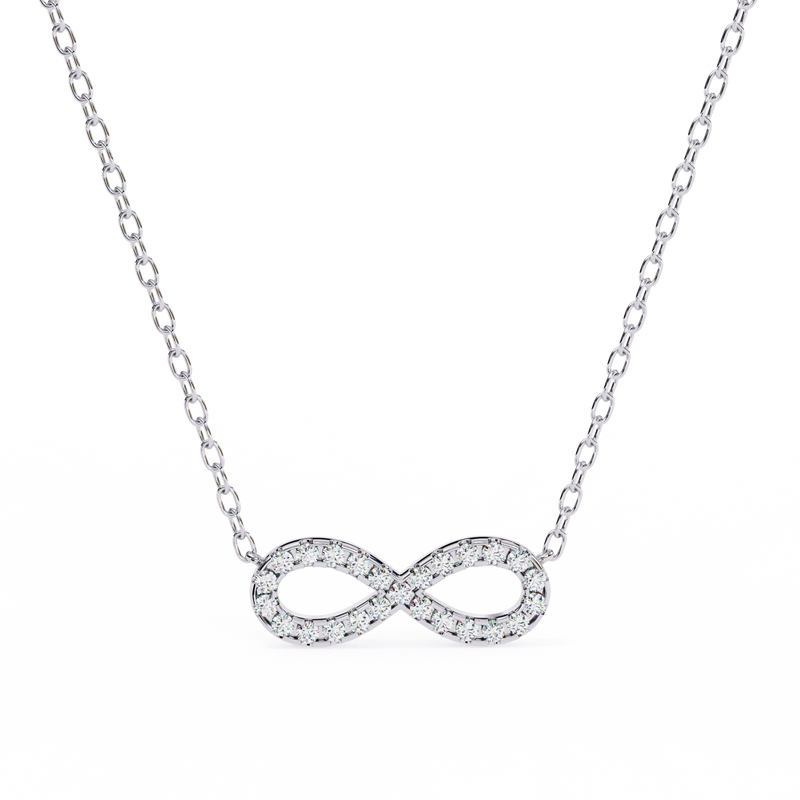 14K White Gold IGI Certified Infinity Diamond Pendant – D-E Color, VVS–VS Clarity, Rabbit Ear Bail