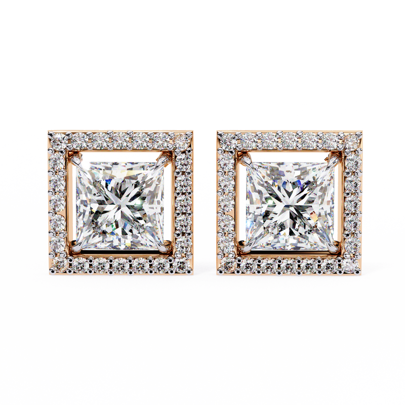 14K White Gold IGI Certified Princess Diamond Halo Earrings, D-E Color, VVS/VS Clarity