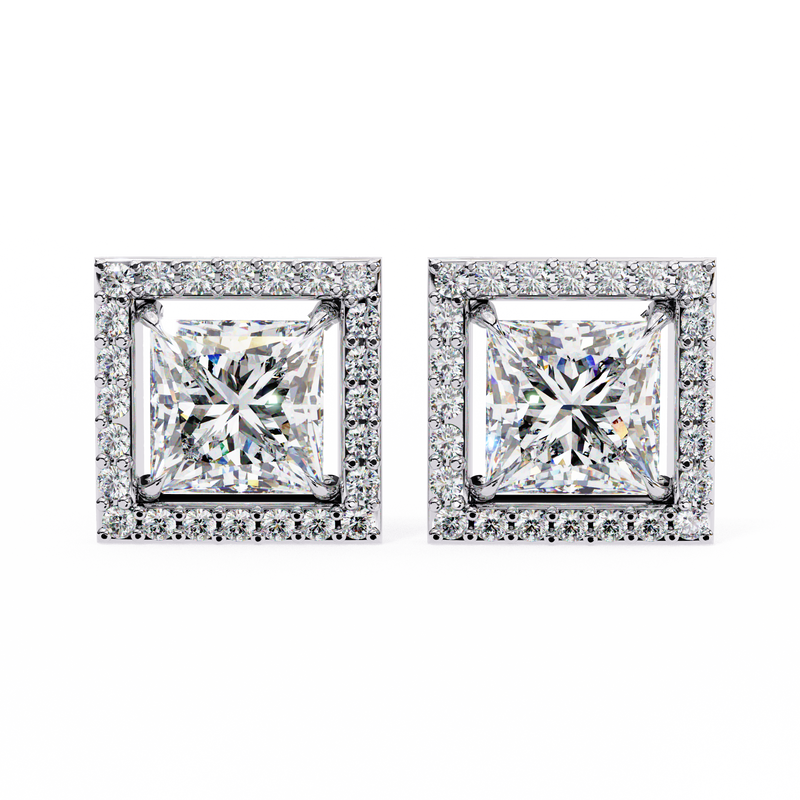 14K White Gold IGI Certified Princess Diamond Halo Earrings, D-E Color, VVS/VS Clarity