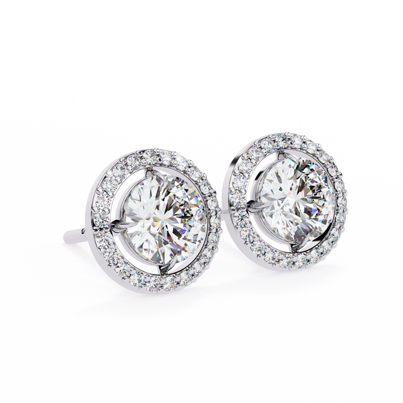 14K White Gold IGI Certified Round Diamond Halo Earrings, D-E Color, VVS/VS Clarity