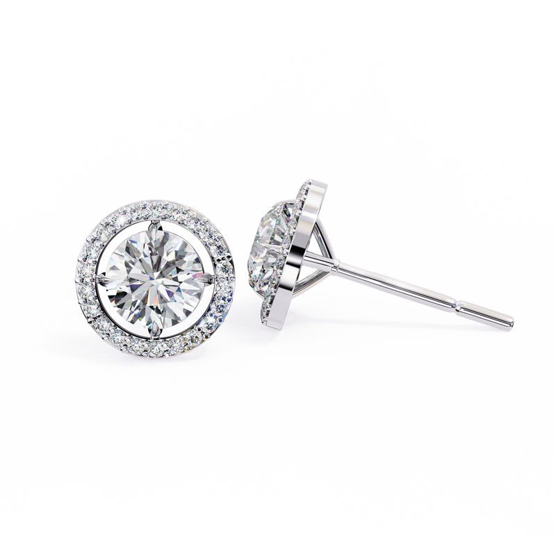 14K White Gold IGI Certified Round Diamond Halo Earrings, D-E Color, VVS/VS Clarity