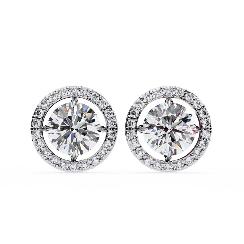 14K White Gold IGI Certified Round Diamond Halo Earrings, D-E Color, VVS/VS Clarity