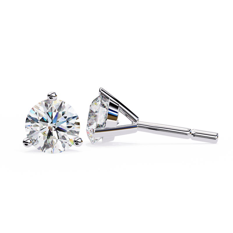 14K White Gold IGI Certified Round Solitaire Stud Earrings, 3 Prong, D-E Color, VVS/VS Clarity
