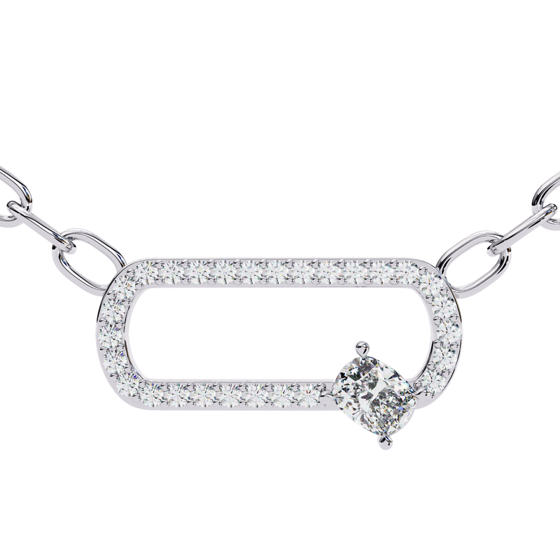 14K White Gold IGI Certified Cushion & Round Diamond Chain Link Pendant – D-E Color, VVS–VS Clarity, Rabbit Ear Bail