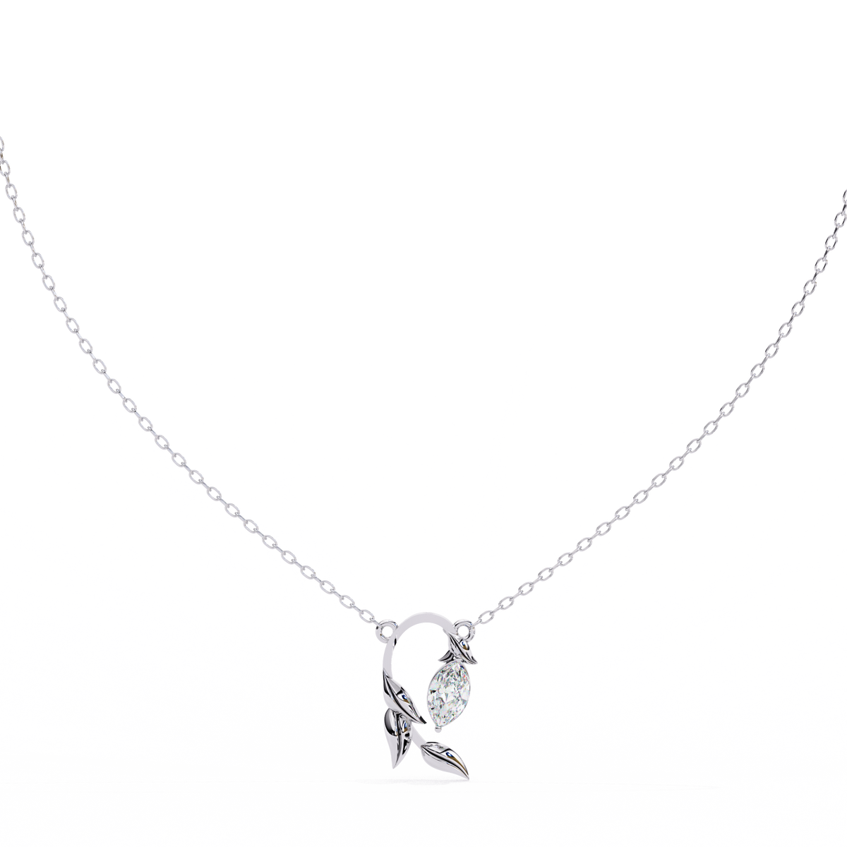 14K White Gold IGI Certified Marquise Diamond Twig Pendant – D-E Color, VVS–VS Clarity, Rabbit Ear Bail