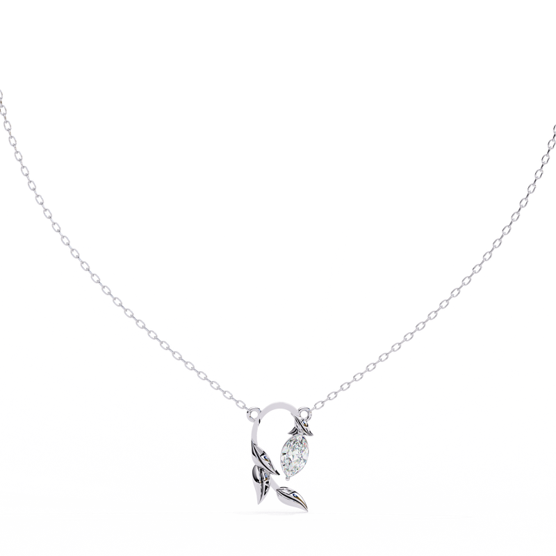 14K White Gold IGI Certified Marquise Diamond Twig Pendant – D-E Color, VVS–VS Clarity, Rabbit Ear Bail