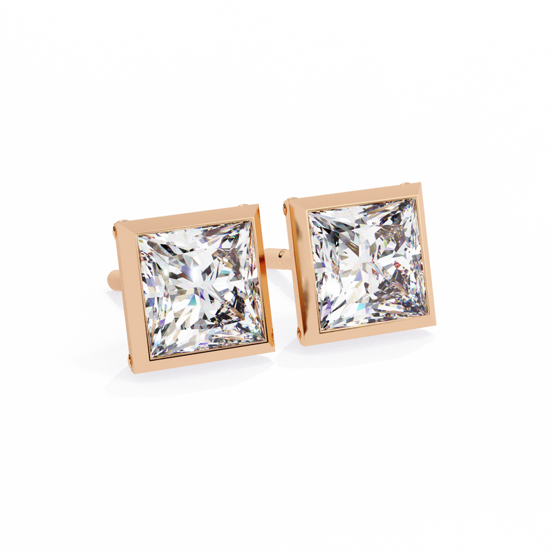 14K White Gold IGI Certified Princess Solitaire Stud Earrings, Bezel, D-E Color, VVS/VS Clarity
