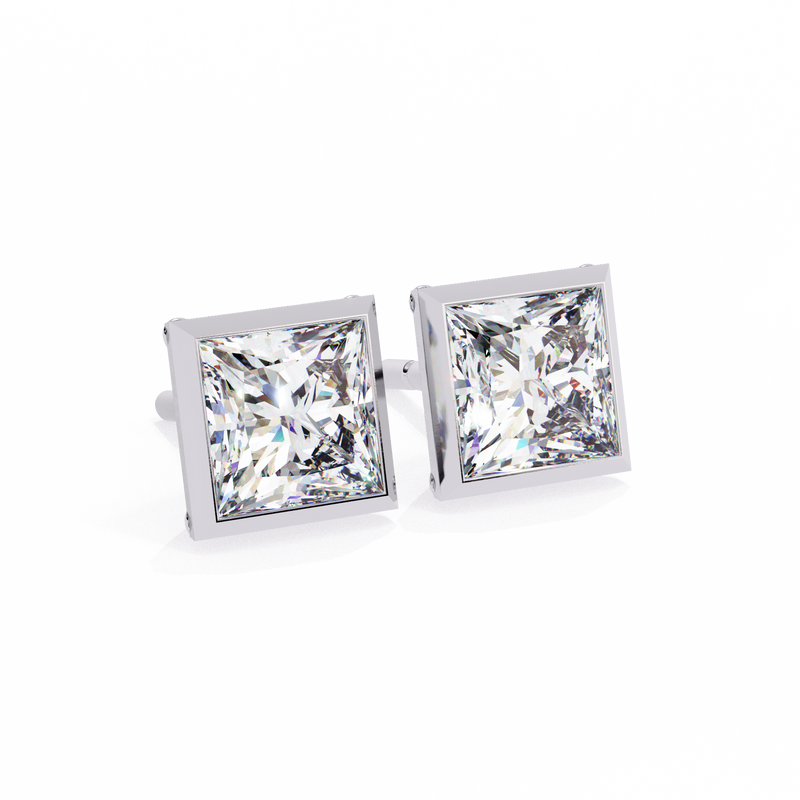 14K White Gold IGI Certified Princess Solitaire Stud Earrings, Bezel, D-E Color, VVS/VS Clarity