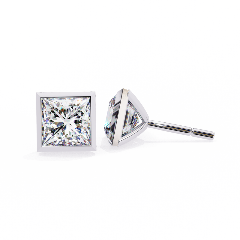 14K White Gold IGI Certified Princess Solitaire Stud Earrings, Bezel, D-E Color, VVS/VS Clarity