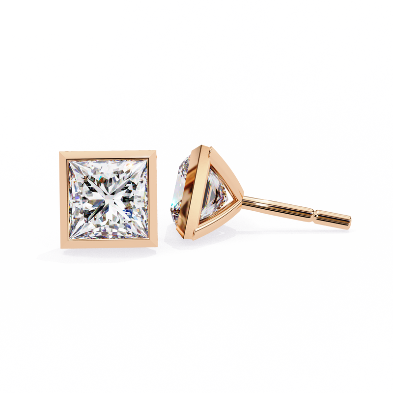 14K White Gold IGI Certified Princess Solitaire Stud Earrings, Bezel, D-E Color, VVS/VS Clarity