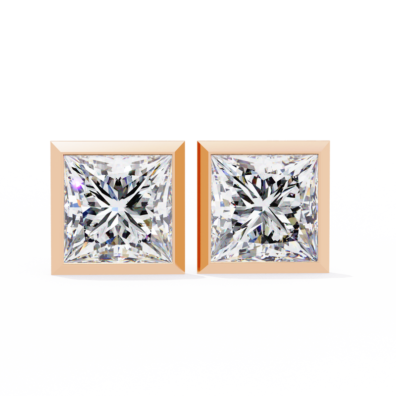 14K White Gold IGI Certified Princess Solitaire Stud Earrings, Bezel, D-E Color, VVS/VS Clarity