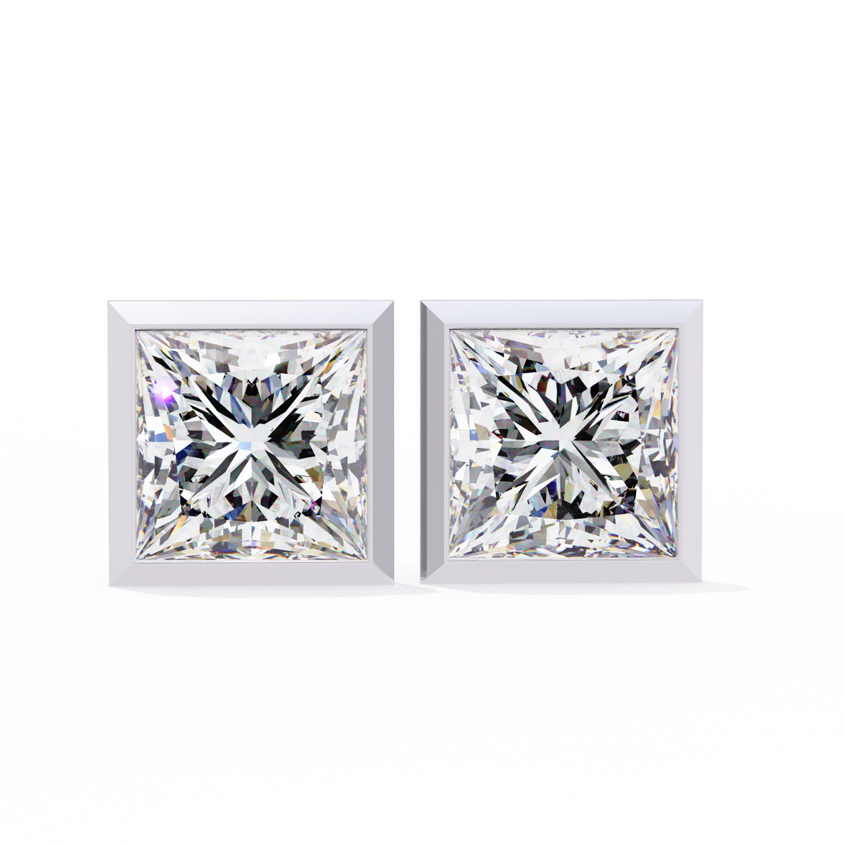 14K White Gold IGI Certified Princess Solitaire Stud Earrings, Bezel, D-E Color, VVS/VS Clarity
