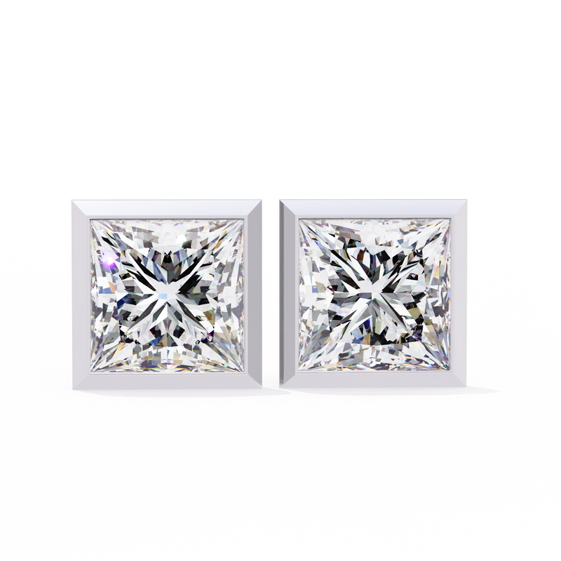 14K White Gold IGI Certified Princess Solitaire Stud Earrings, Bezel, D-E Color, VVS/VS Clarity