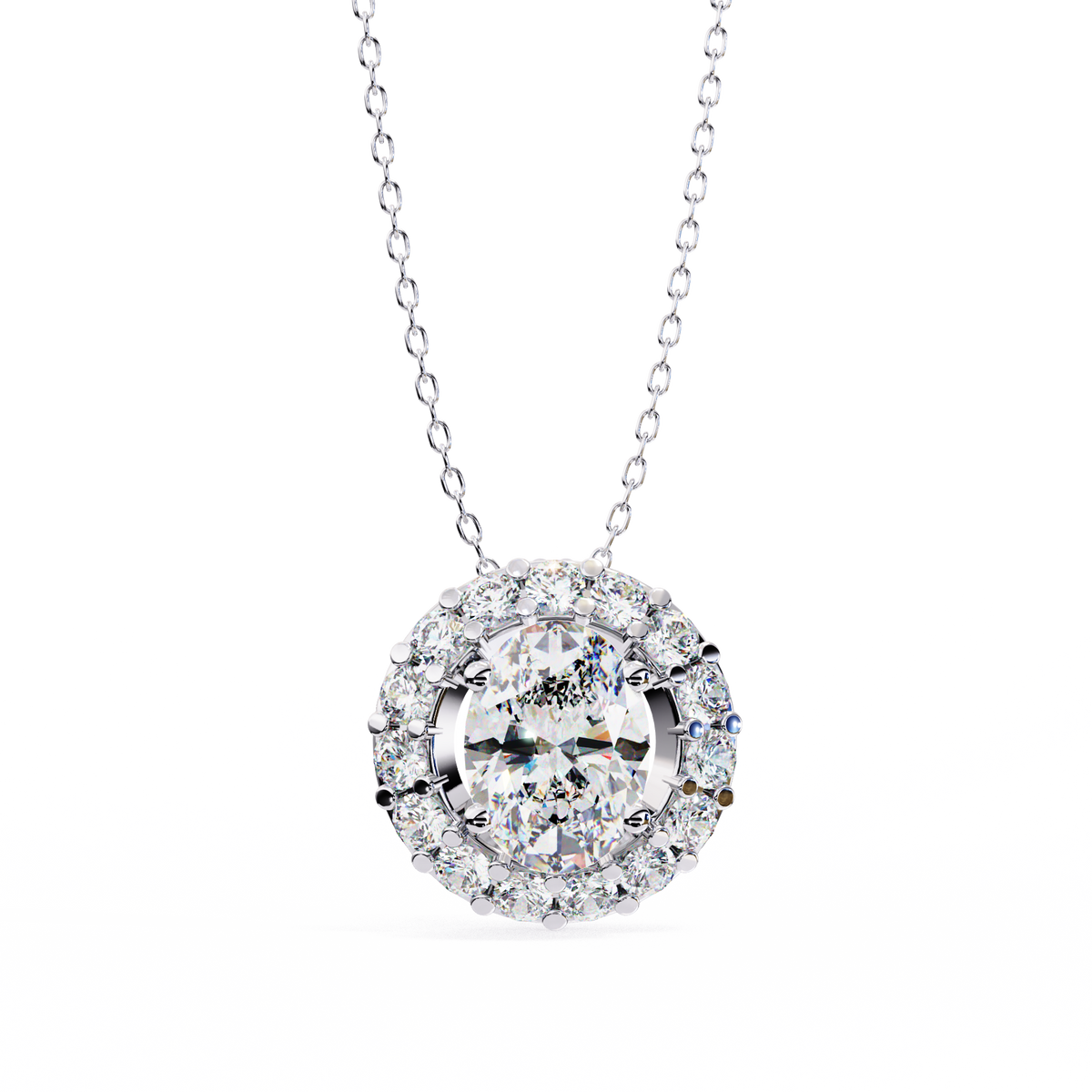 14K White Gold IGI Certified Oval Diamond Circle Pendant – D-E Color, VVS–VS Clarity, Rabbit Ear Bail