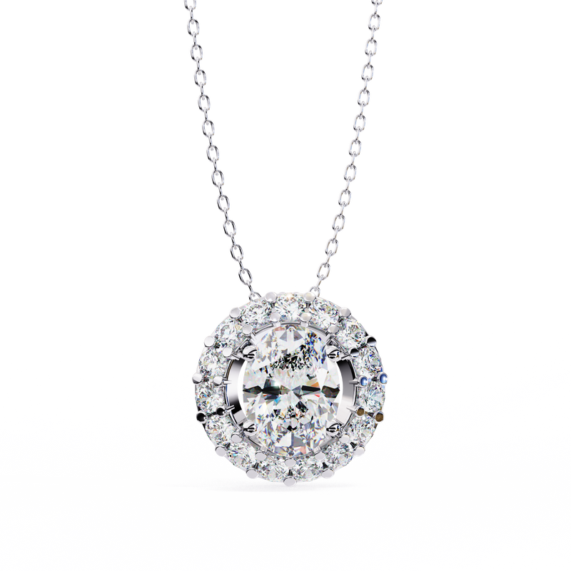 14K White Gold IGI Certified Oval Diamond Circle Pendant – D-E Color, VVS–VS Clarity, Rabbit Ear Bail