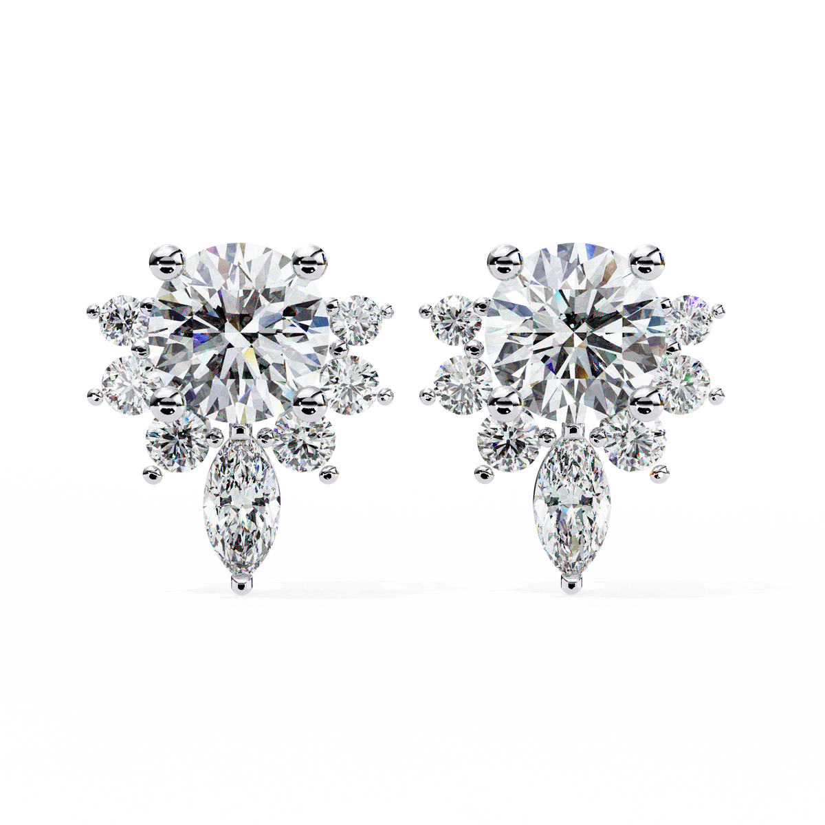 14K White Gold IGI Certified Round Diamond Flower Cluster Earrings, D-E Color, VVS/VS Clarity
