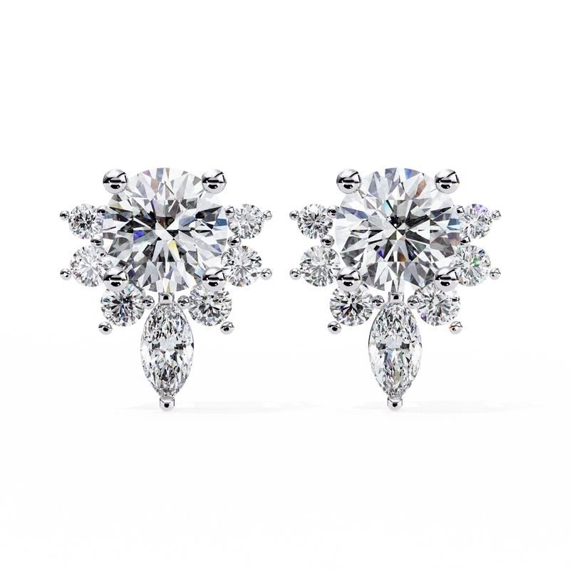 14K White Gold IGI Certified Round Diamond Flower Cluster Earrings, D-E Color, VVS/VS Clarity