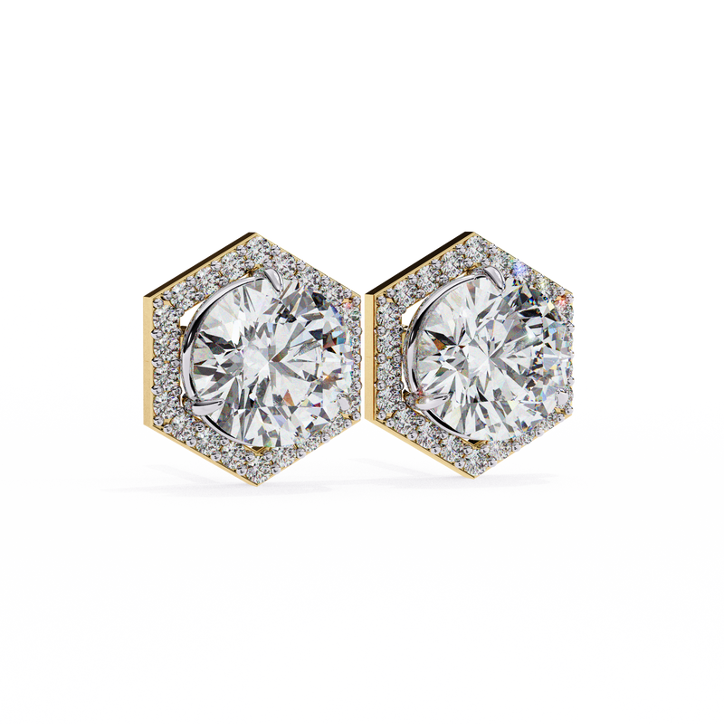14K White Gold IGI Certified Round Diamond Hexagon Earrings, D-E Color, VVS/VS Clarity