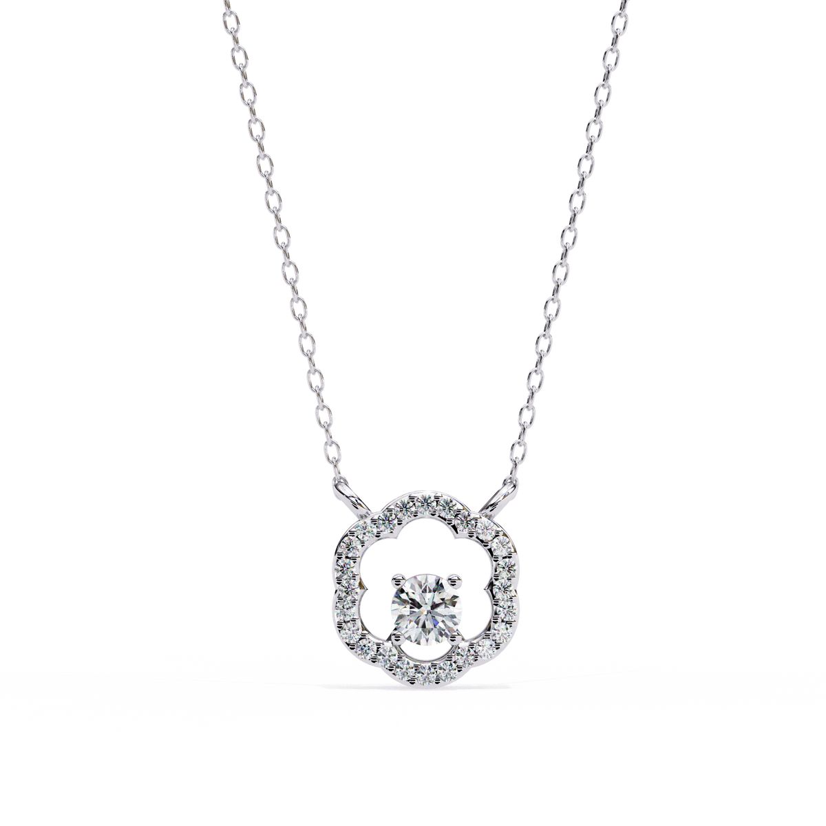 14K White Gold IGI Certified Round Diamond Flower Pendant – D-E Color, VVS–VS Clarity, Rabbit Ear Bail