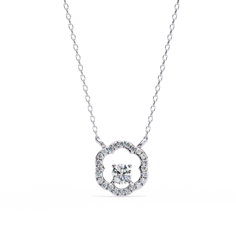 14K White Gold IGI Certified Round Diamond Flower Pendant – D-E Color, VVS–VS Clarity, Rabbit Ear Bail