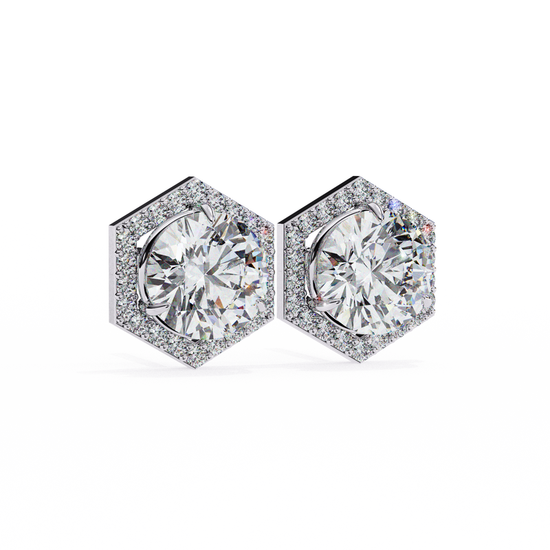 14K White Gold IGI Certified Round Diamond Hexagon Earrings, D-E Color, VVS/VS Clarity