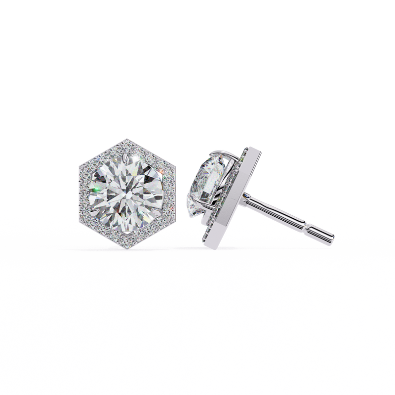 14K White Gold IGI Certified Round Diamond Hexagon Earrings, D-E Color, VVS/VS Clarity