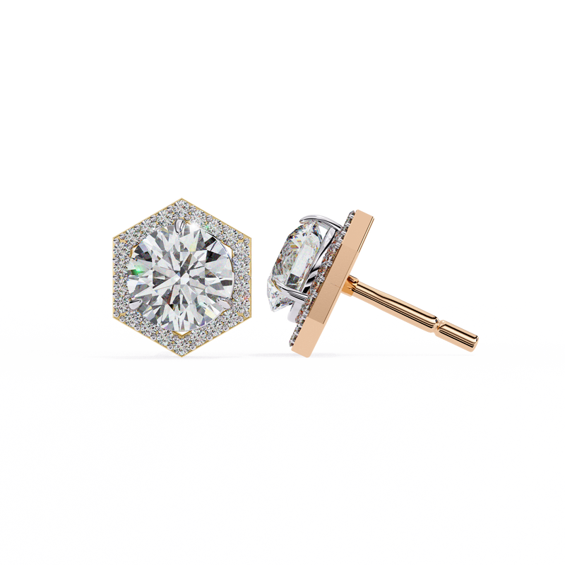 14K White Gold IGI Certified Round Diamond Hexagon Earrings, D-E Color, VVS/VS Clarity