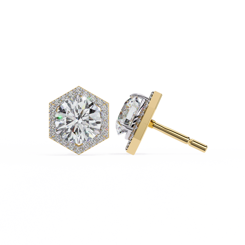 14K White Gold IGI Certified Round Diamond Hexagon Earrings, D-E Color, VVS/VS Clarity