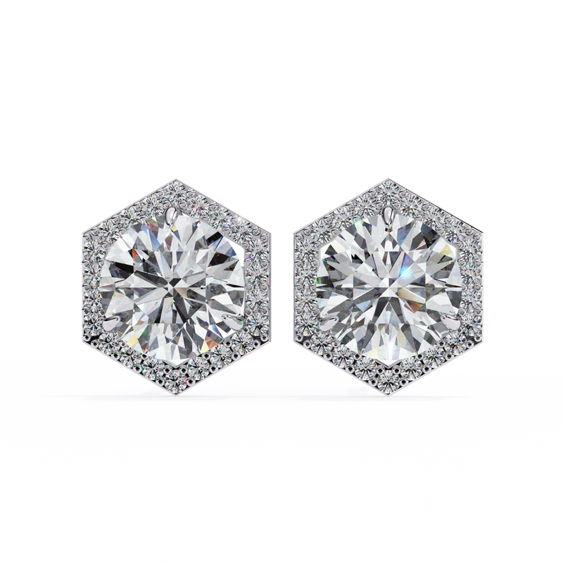 14K White Gold IGI Certified Round Diamond Hexagon Earrings, D-E Color, VVS/VS Clarity