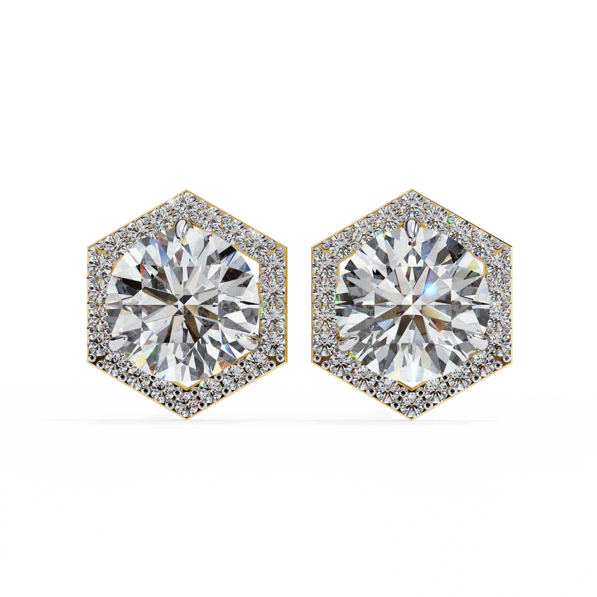 14K White Gold IGI Certified Round Diamond Hexagon Earrings, D-E Color, VVS/VS Clarity