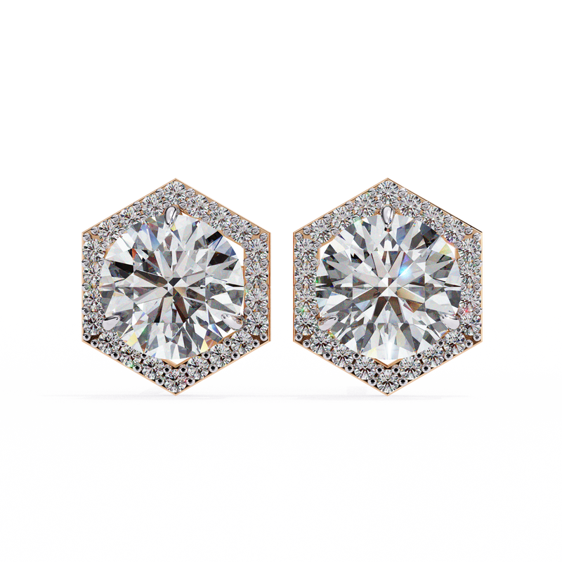 14K White Gold IGI Certified Round Diamond Hexagon Earrings, D-E Color, VVS/VS Clarity