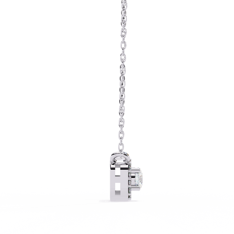 14K White Gold IGI Certified Round Square Diamond Pendant – D-E Color, VVS–VS Clarity, Rabbit Ear Bail