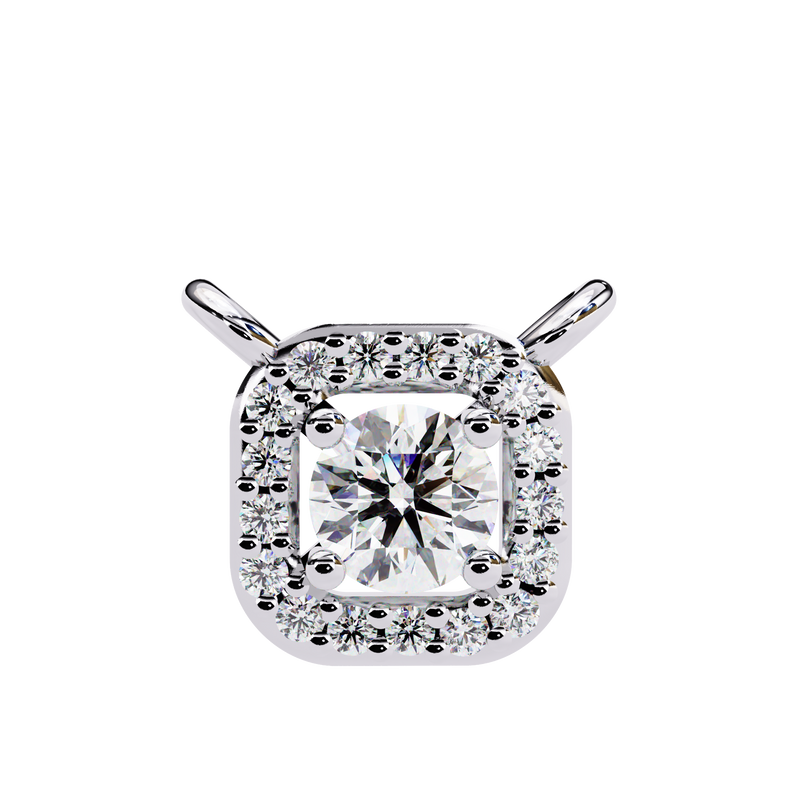 14K White Gold IGI Certified Round Square Diamond Pendant – D-E Color, VVS–VS Clarity, Rabbit Ear Bail