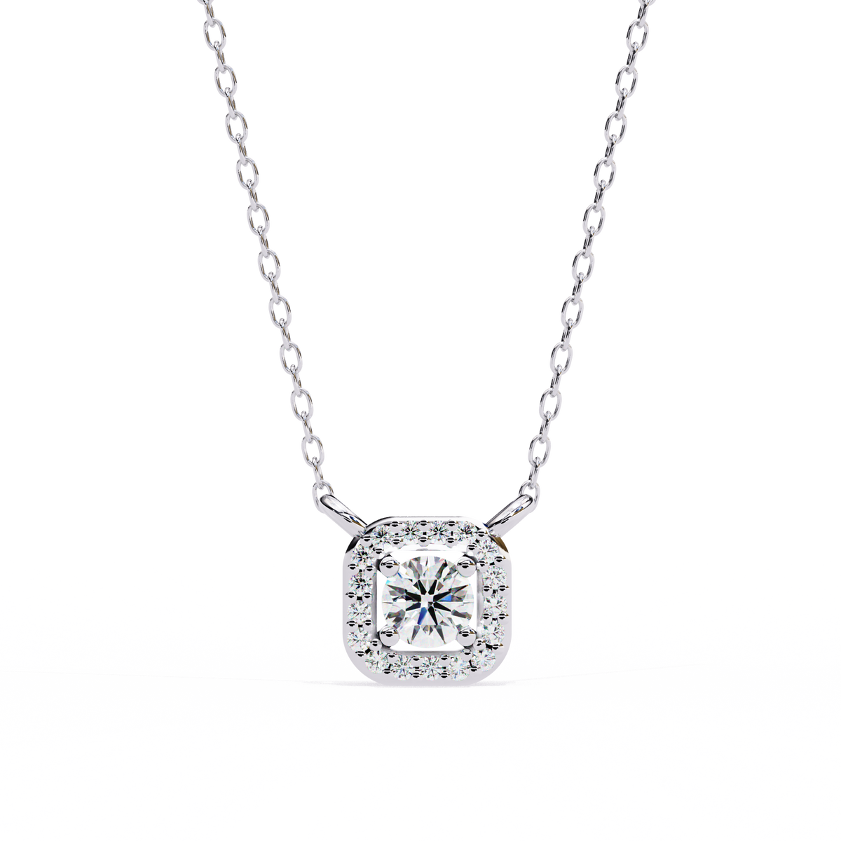14K White Gold IGI Certified Round Square Diamond Pendant – D-E Color, VVS–VS Clarity, Rabbit Ear Bail