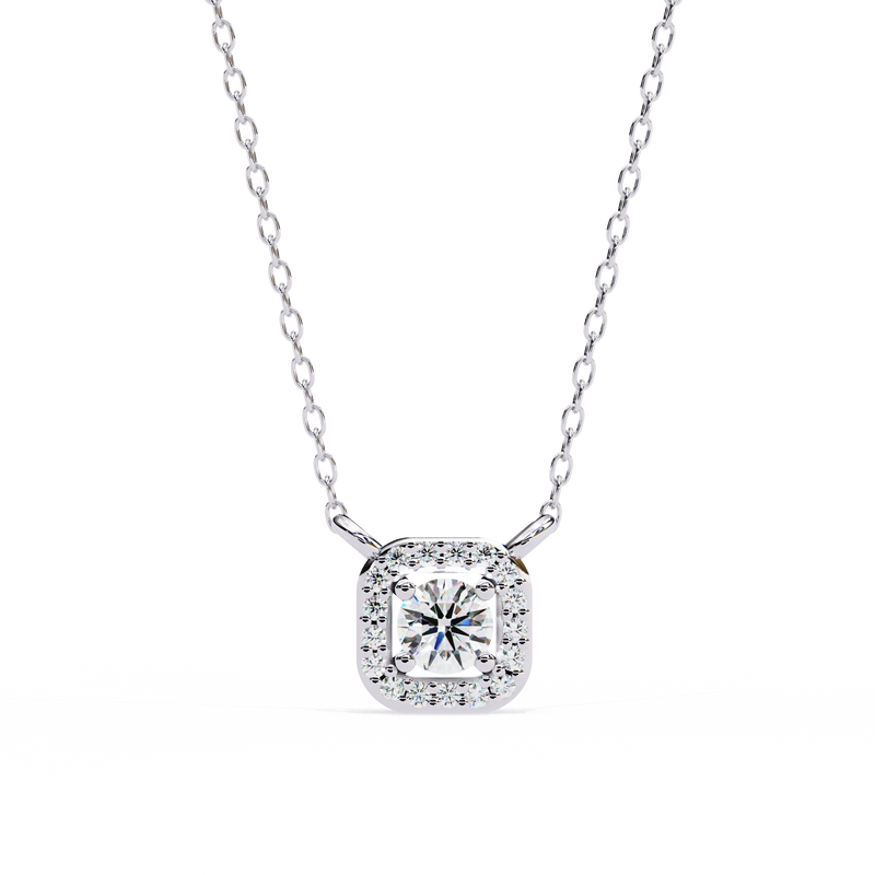 14K White Gold IGI Certified Round Square Diamond Pendant – D-E Color, VVS–VS Clarity, Rabbit Ear Bail