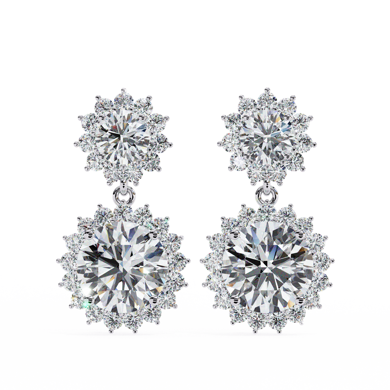 14K White Gold IGI Certified Round Diamond Flower Halo Earrings, D-E Color, VVS/VS Clarity