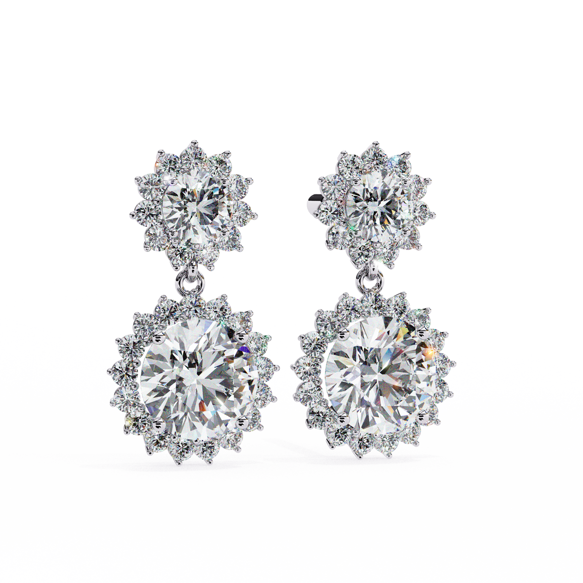 14K White Gold IGI Certified Round Diamond Flower Halo Earrings, D-E Color, VVS/VS Clarity