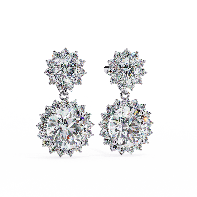 14K White Gold IGI Certified Round Diamond Flower Halo Earrings, D-E Color, VVS/VS Clarity