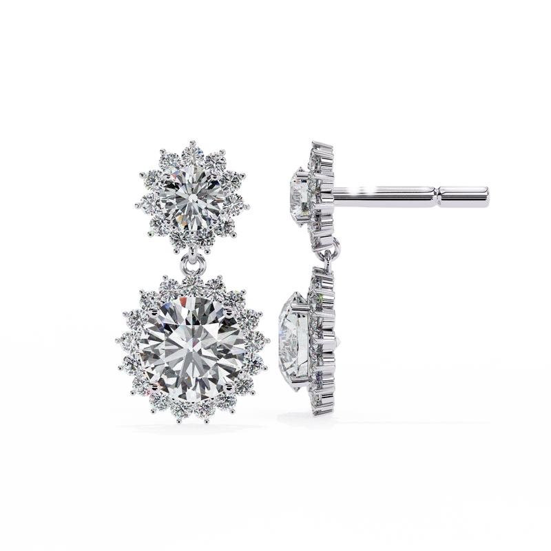 14K White Gold IGI Certified Round Diamond Flower Halo Earrings, D-E Color, VVS/VS Clarity